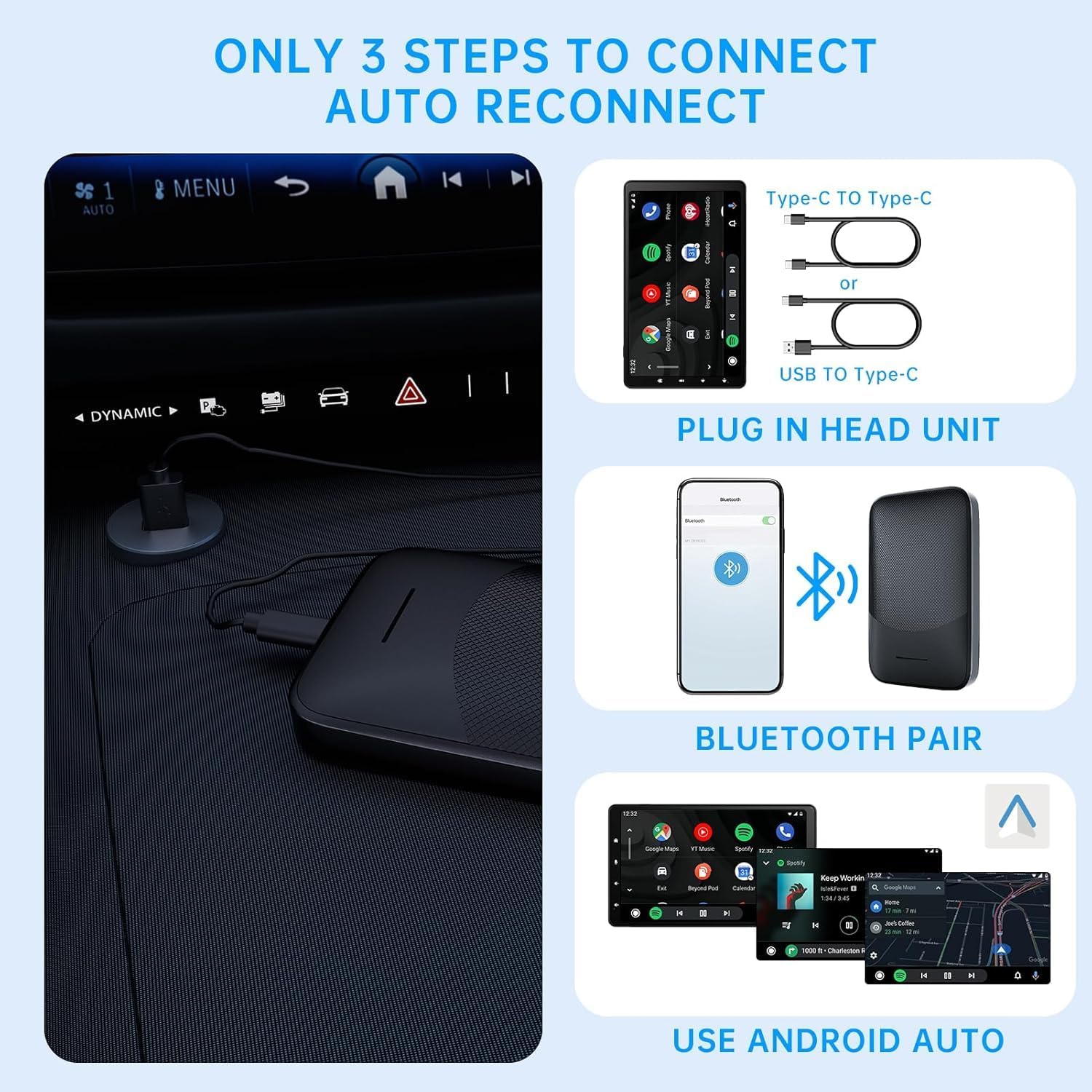 Wireless Android Auto Car Adapter, Plug & Play Dongle For Phones Fit 2015 And Above Cars Converts Wired To