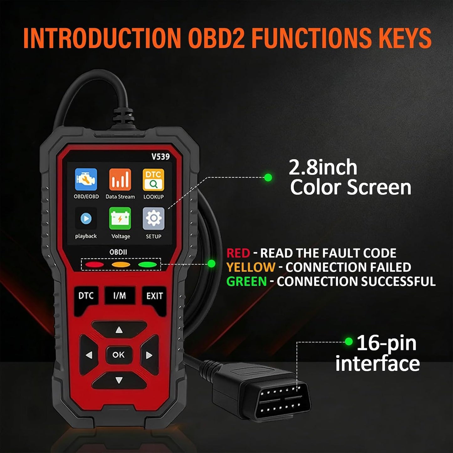 ماسح ضوئي تشخيصي OBD2 يعمل بمنفذ USB، قارئ رمز خطأ المحرك مع جهاز اختبار البطارية، شاشة جاهزية I/M، دعم متعدد اللغات