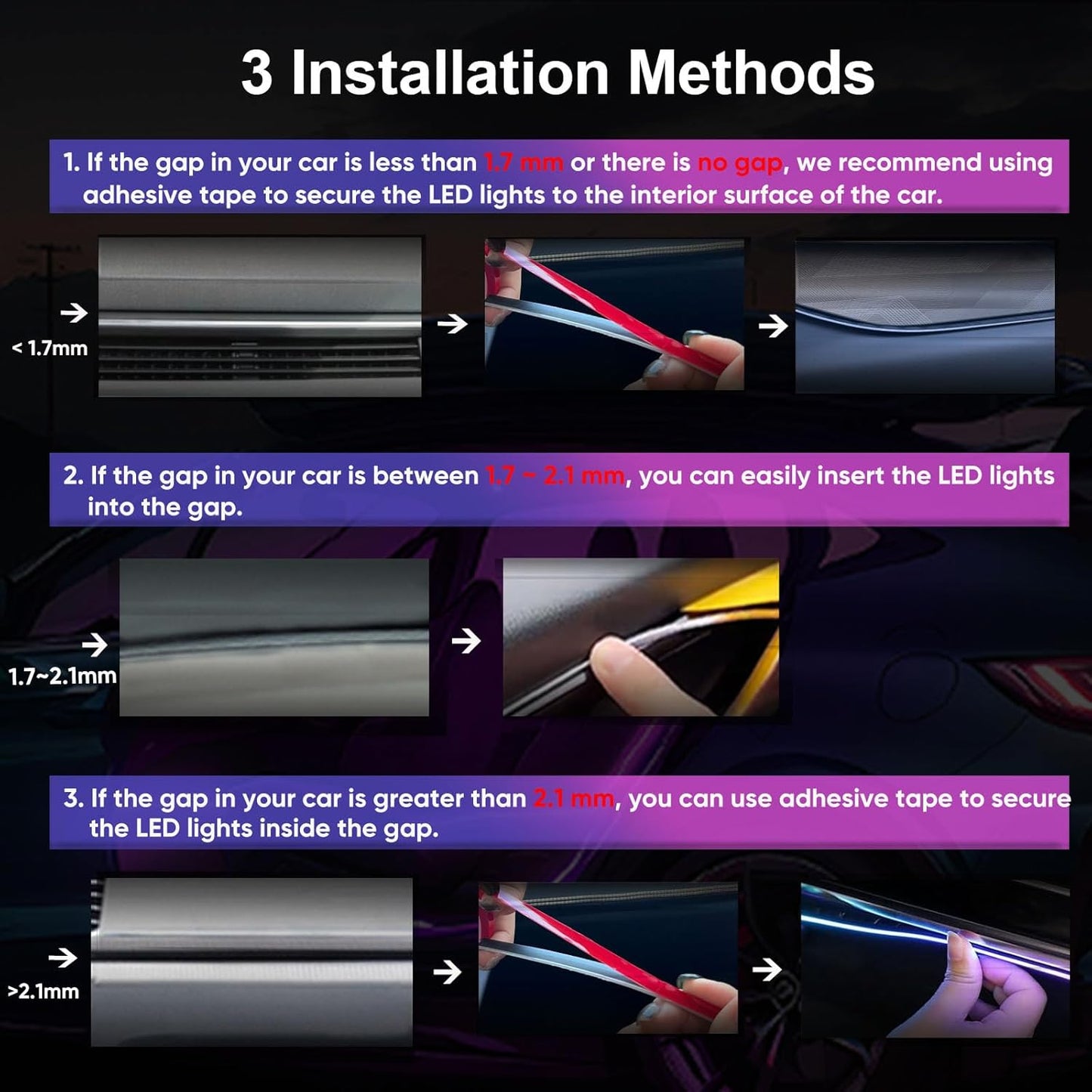 GPJYD أضواء LED داخلية للسيارة من الأكريليك، 110 سم و146 مصباح LED RGB مع إضاءة محيطة بـ 16 مليون لون، إكسسوارات السيارة مع تطبيق وجهاز تحكم عن بعد للرجال والنساء كهدايا