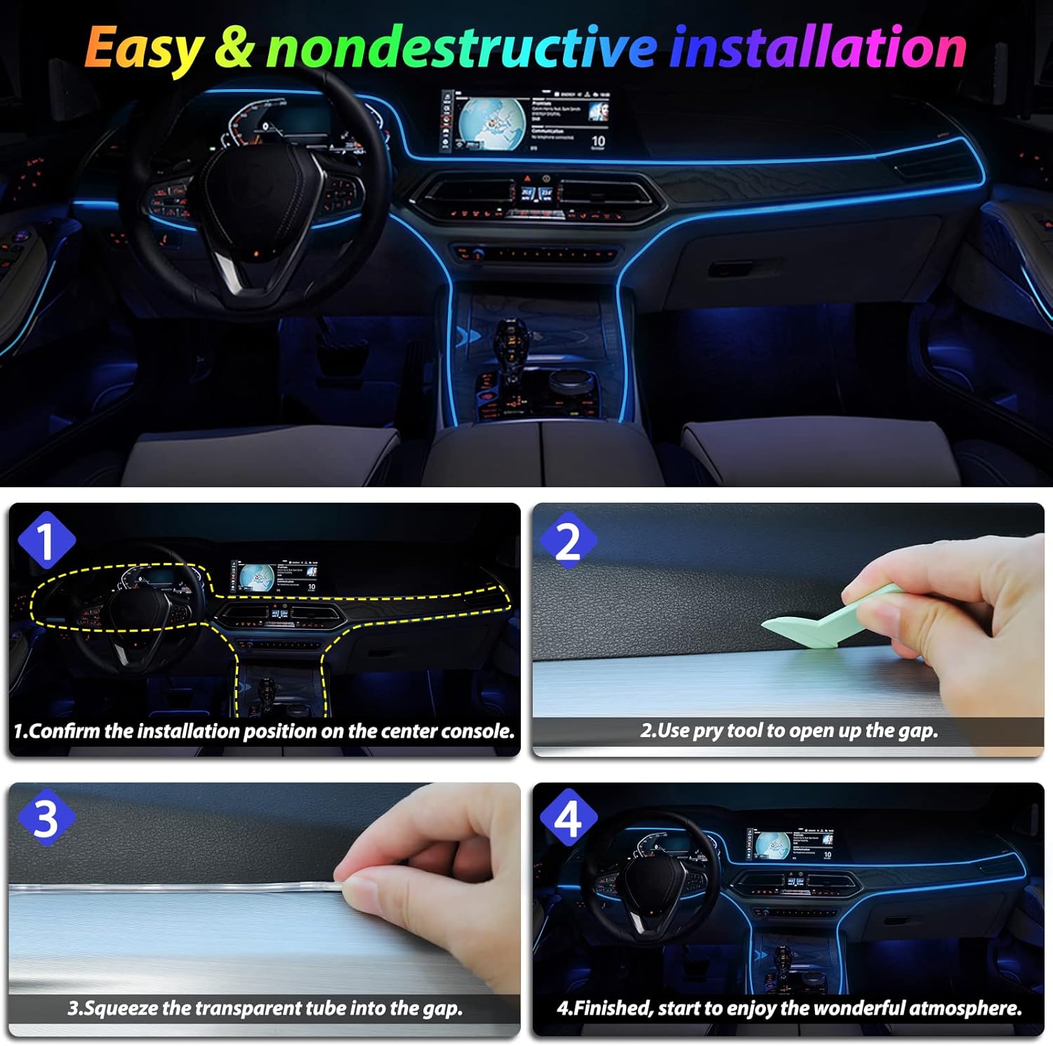 شريط إضاءة LED داخلي للسيارة، إضاءة محيطة LED بألوان RGB بـ 16 مليون لون من الألياف الضوئية وإيقاع مزامنة الموسيقى، ملحقات إضاءة LED نيون USB للوحة التحكم المركزية ولوحة القيادة، نسخة مطورة