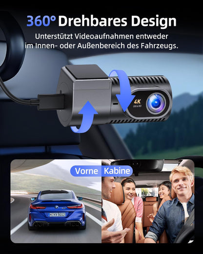 Dash Cam Front 4K - 1.5" IPS Display & 5G WiFi & 64G Card, 360° Rotation Mini Dashcam, Car Camera with WDR Night Vision, 24H Parking Mode, G-Sensor, Loop Recording,170° Angle, Dash Camera for Cars DE