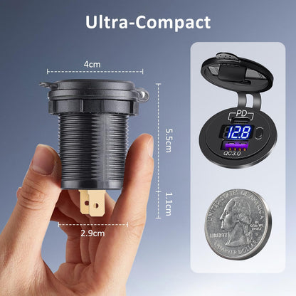 شاحن سيارة USB نوع سي 12 فولت، شحن سريع 3.0 منفذ طاقة USB مزدوج من خليط معدني من الالومنيوم، محول شحن سريع مقاوم للماء 24 فولت للدراجات النارية والقارب والعربات الترفيهية
