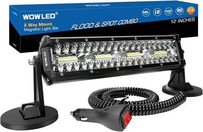 Magnetic LED Light Bar, Super Bright 12 Inch Combo Beam Cigarette Lighter Light Strip 6000 K with Strong Magnets 4-Way Mounting, 12 V 24 V Tractor Work Light Strip for ATV Cars Trailers