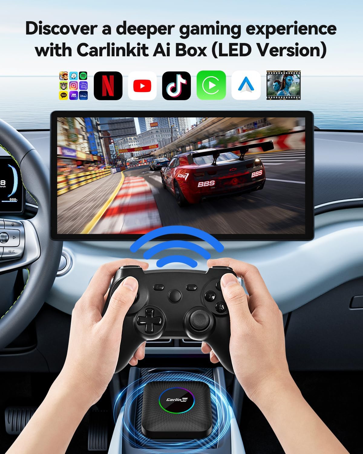 كارلين نت احدث ايه اي بوكس LED، اندرويد 13، كوالكوم 6225، 8GB+128GB، دونجل كاربلاي لاسلكي اندرويد اوتو 3 في 1 يأتي مع متجر جوجل بلاي، بث فيديو، فقط للسيارة مع كاربلاي سلكي