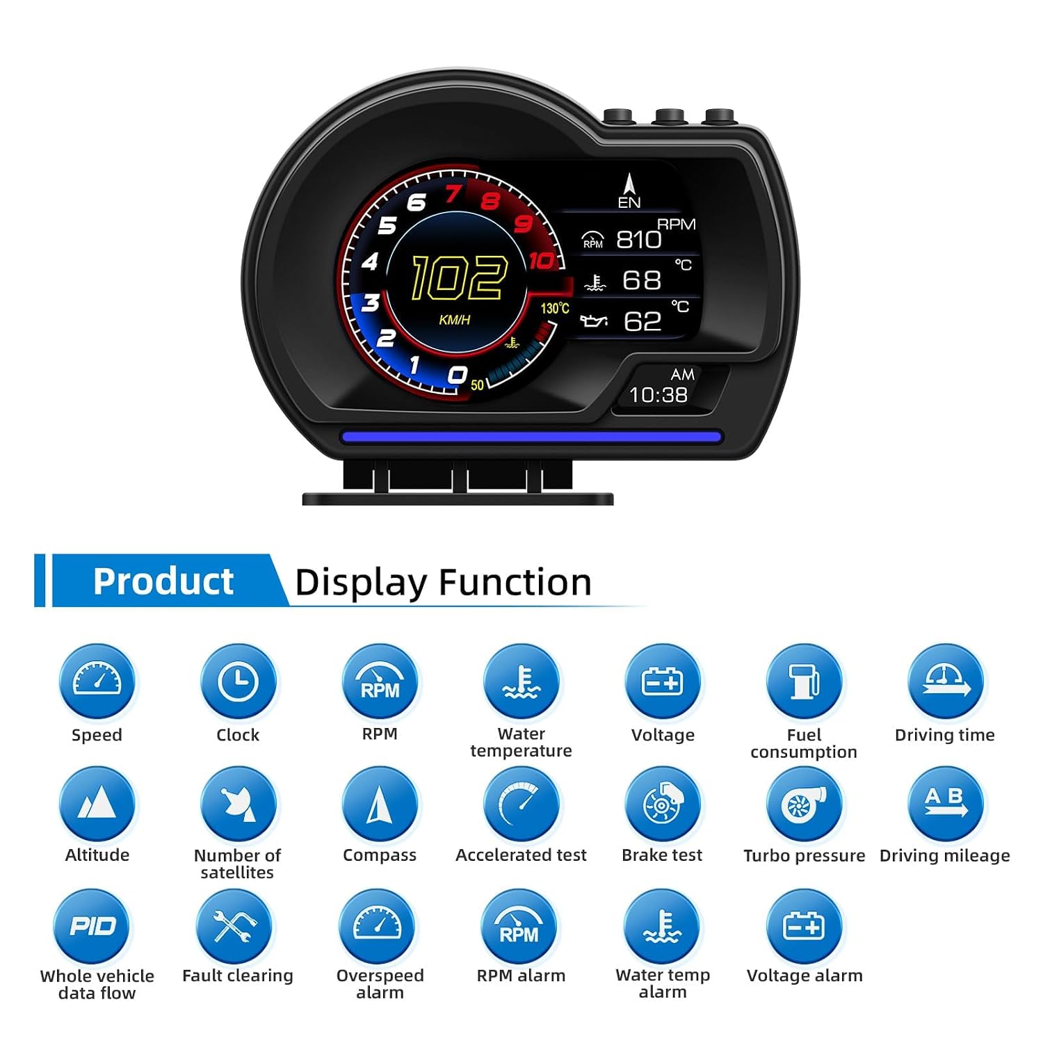 شاشة عرض OBD2+GPS مزدوجة الوضعية للسيارة، 10 واجهات وطريقتان للتركيب، مقياس ذكي لبيانات قيادة السيارة مع سرعة دورة في الدقيقة ودرجة حرارة الماء والوقود وانذار السرعة الزائدة وماسح رمز الخطأ