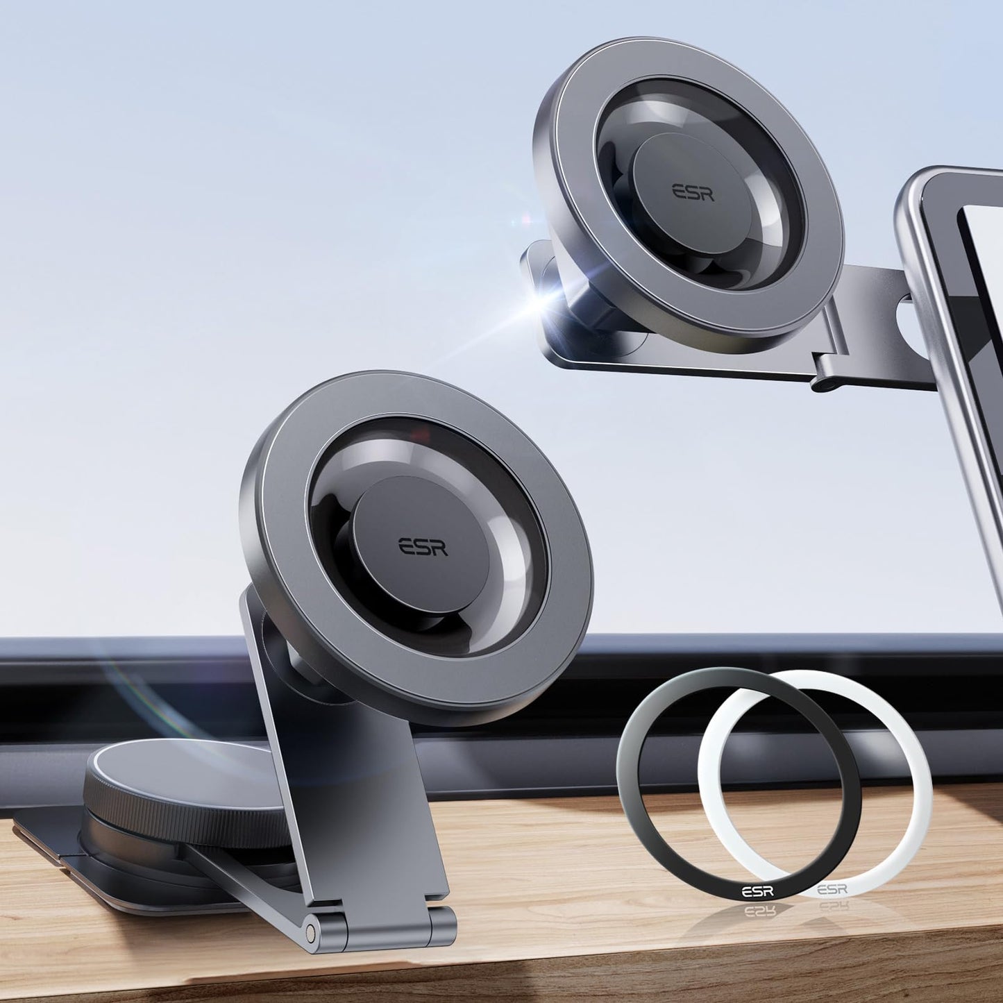 ESR Dashboard Magnetic Phone Holder for Car, for MagSafe Car Mount, Windshield Vacuum Car Mount for iPhone 17/16/16e/S25/Google Pixel 10, Car Accessories, Charging Not Supported,2 Metal Rings Included