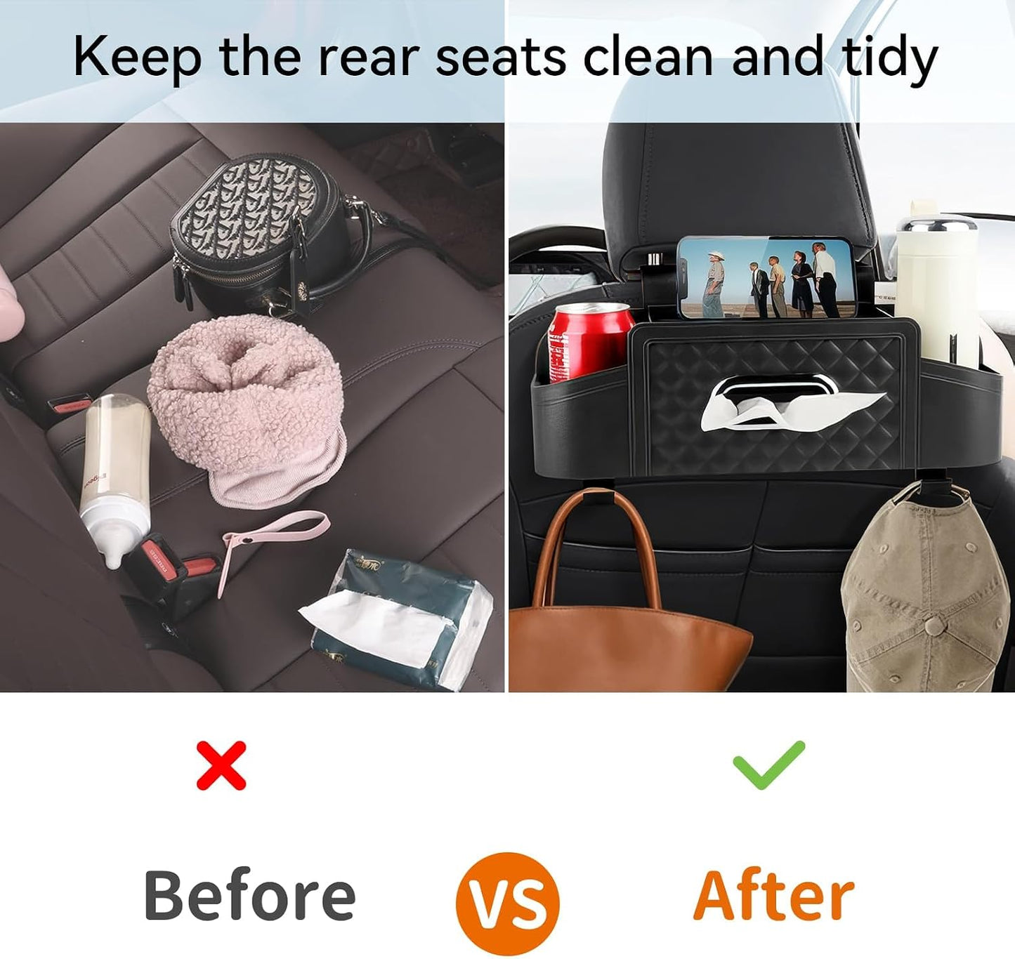 Car Back Seat Storage Organizers, with 2 Drink Cup Holder, Tissue Box and Storage Box Hook, Auto Multi Functional Storage, for Kids, Men, Women and Travel (Black)