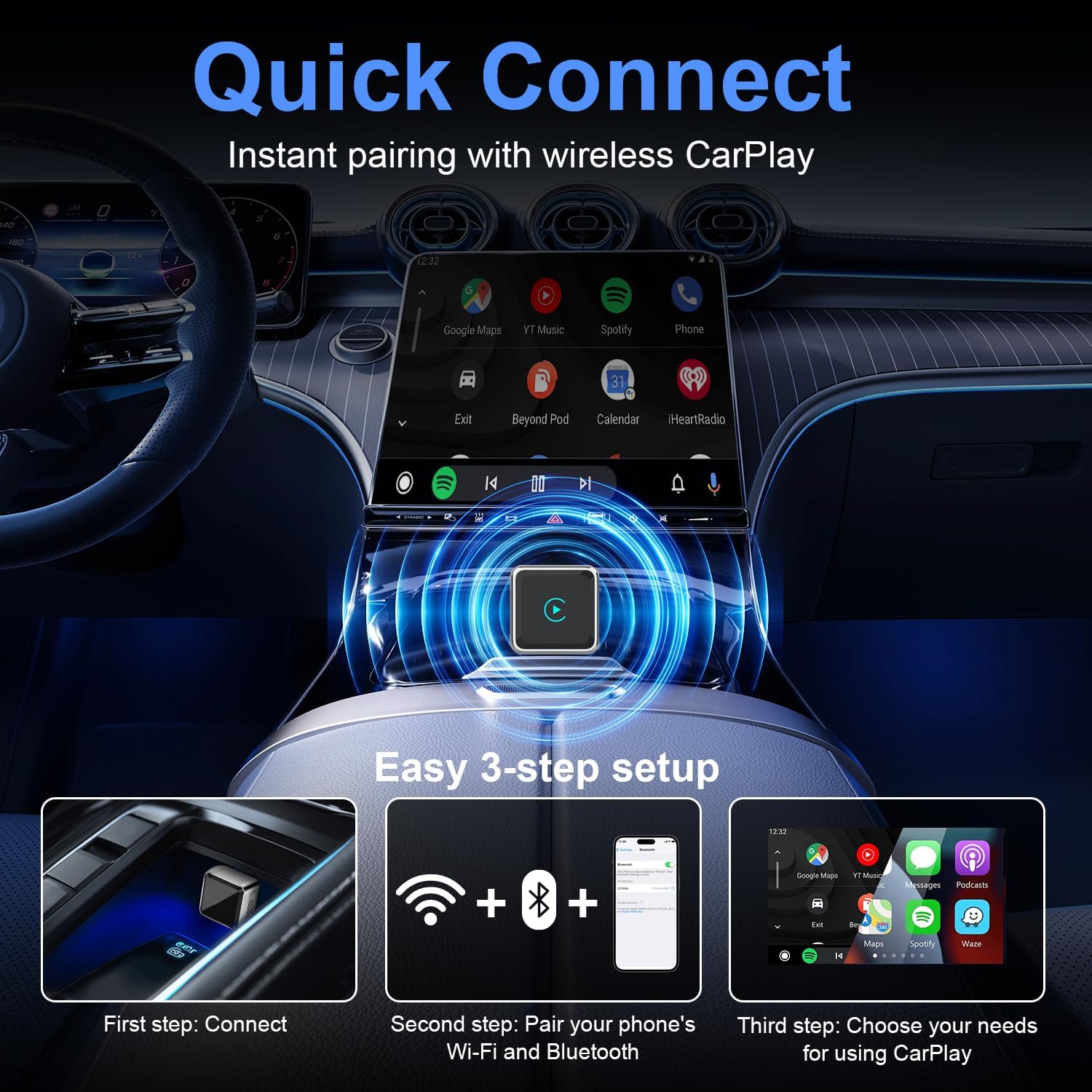 2-in-1 Wireless CarPlay/Android Adapter for Car, Plug & Play CarPlay USB Dongle, Mini CarPlay Adapter for iPhone, Convert Wired to Wireless Conversion with Fast Auto-Connect & Low Latency