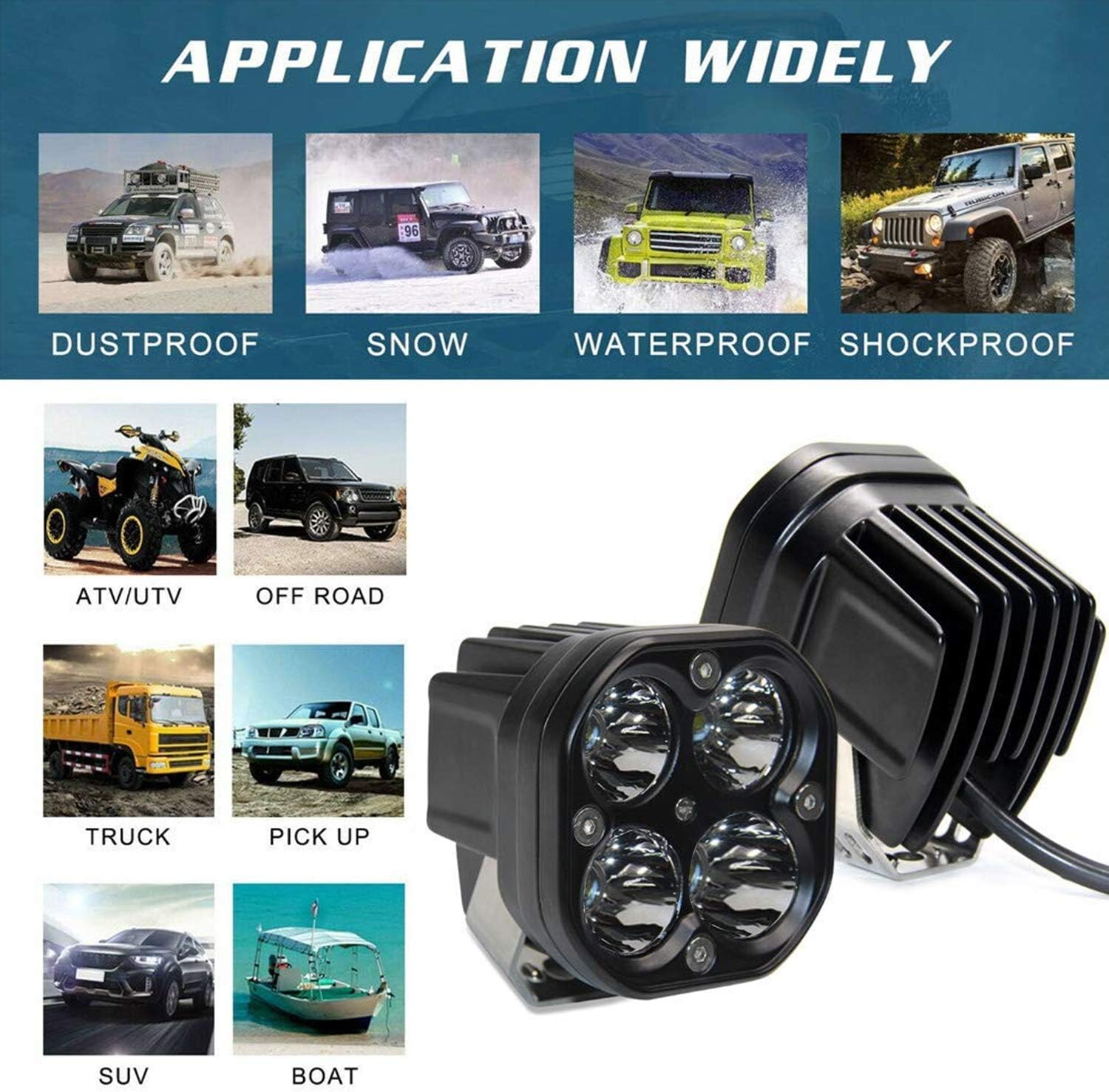 أليكسترييم EX40WF2 مجموعة مصابيح ضباب LED بأربعة مصابيح فائقة السطوع لقيادة السيارات والدراجات النارية والسيارات الرياضية متعددة الاستخدامات (40 واط، ضوء أبيض، قطعتان)
