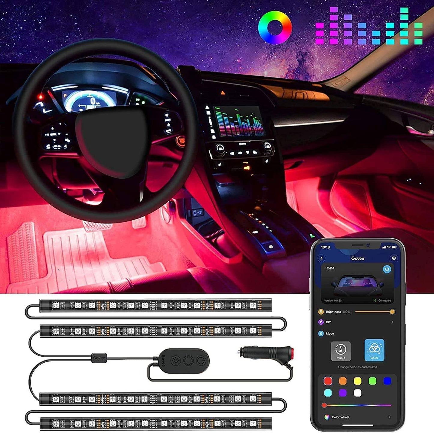 مصابيح سيارة LED من جوفي، مصابيح داخلية ذكية للسيارة مع نظام تحكم عبر تطبيق، مصابيح RGB داخل السيارة بوضع يدوي ووضع موسيقى بتصميم خطين، 4 * 0.72 قدم شرائط إضاءة للسيارات مع شاحن سيارة، 12 فولت