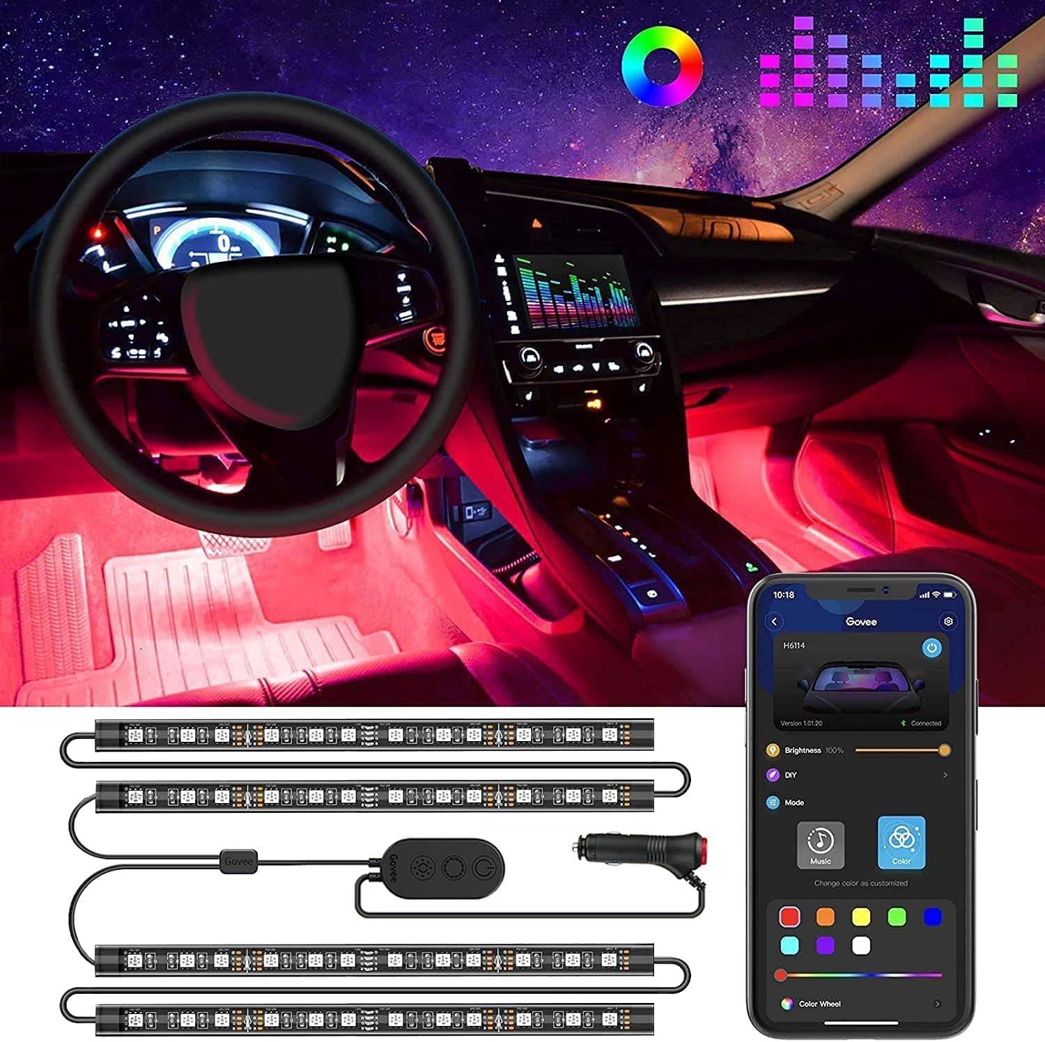 مصابيح سيارة LED من جوفي، مصابيح داخلية ذكية للسيارة مع نظام تحكم عبر تطبيق، مصابيح RGB داخل السيارة بوضع يدوي ووضع موسيقى بتصميم خطين، 4 * 0.72 قدم شرائط إضاءة للسيارات مع شاحن سيارة، 12 فولت