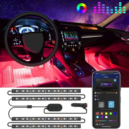 مصابيح سيارة LED من جوفي، مصابيح داخلية ذكية للسيارة مع نظام تحكم عبر تطبيق، مصابيح RGB داخل السيارة بوضع يدوي ووضع موسيقى بتصميم خطين، 4 * 0.72 قدم شرائط إضاءة للسيارات مع شاحن سيارة، 12 فولت