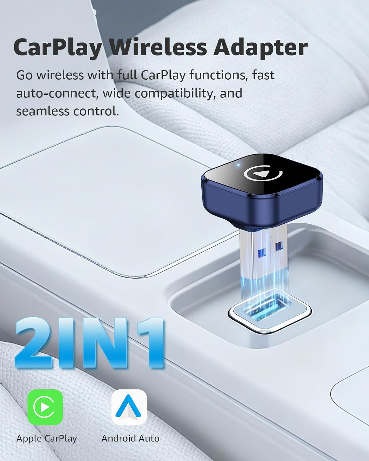 محول لاسلكي ومحول اندرويد اوتو من كاربلاي، ترقية 2026 2 في 1 للتوصيل والتشغيل، دونجل USB/USB-C، يحول سلكي الى لاسلكي للسيارات، اتصال سريع ومستقر، يناسب ايفون واندرويد، ازرق كحلي