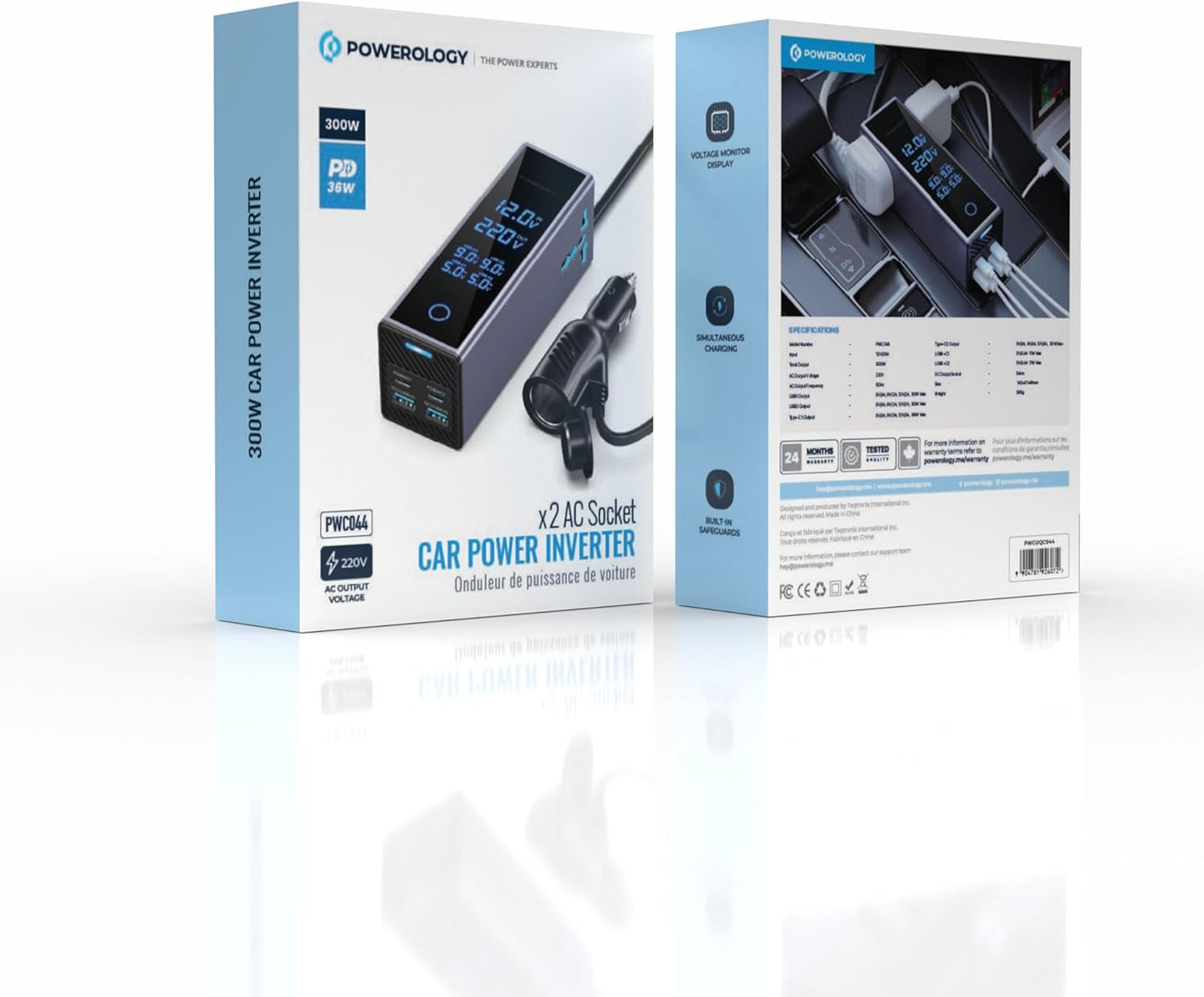باورلوجي عاكس كهربائي للسيارة 300 واط، منفذان AC، منفذان USB بشحن سريع بقدرة 36 واط، محول قابس مدمج للمركبات، شاشة عرض الجهد، شاحن سيارة للهاتف أو الكمبيوتر المحمول، حماية مدمجة