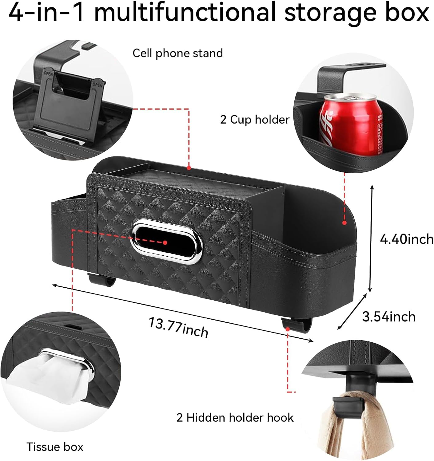 Car Back Seat Storage Organizers, with 2 Drink Cup Holder, Tissue Box and Storage Box Hook, Auto Multi Functional Storage, for Kids, Men, Women and Travel (Black)