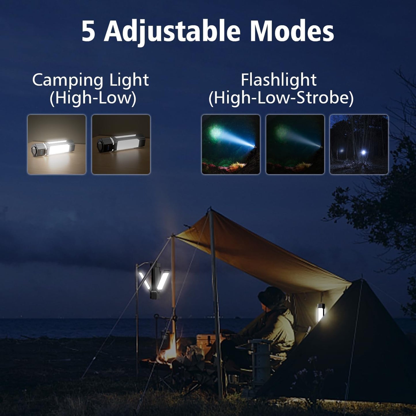 Camping Lantern, LED Flashlight Lantern, Foldable Electric Camping Lights Lamp 5 Modes, 3000mAh Portable with Magnetic Top for Outdoor, Power Cuts, Fishing, Magnetic Vehicle Repair Light