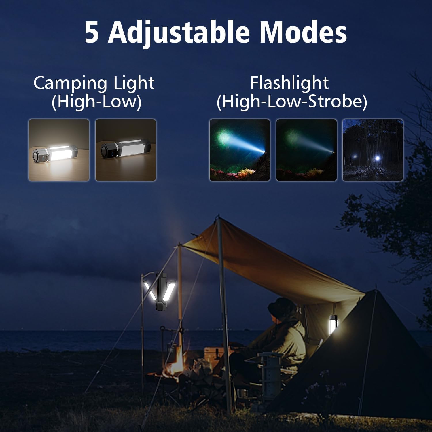 Camping Lantern, LED Flashlight Lantern, Foldable Electric Camping Lights Lamp 5 Modes, 3000mAh Portable with Magnetic Top for Outdoor, Power Cuts, Fishing, Magnetic Vehicle Repair Light