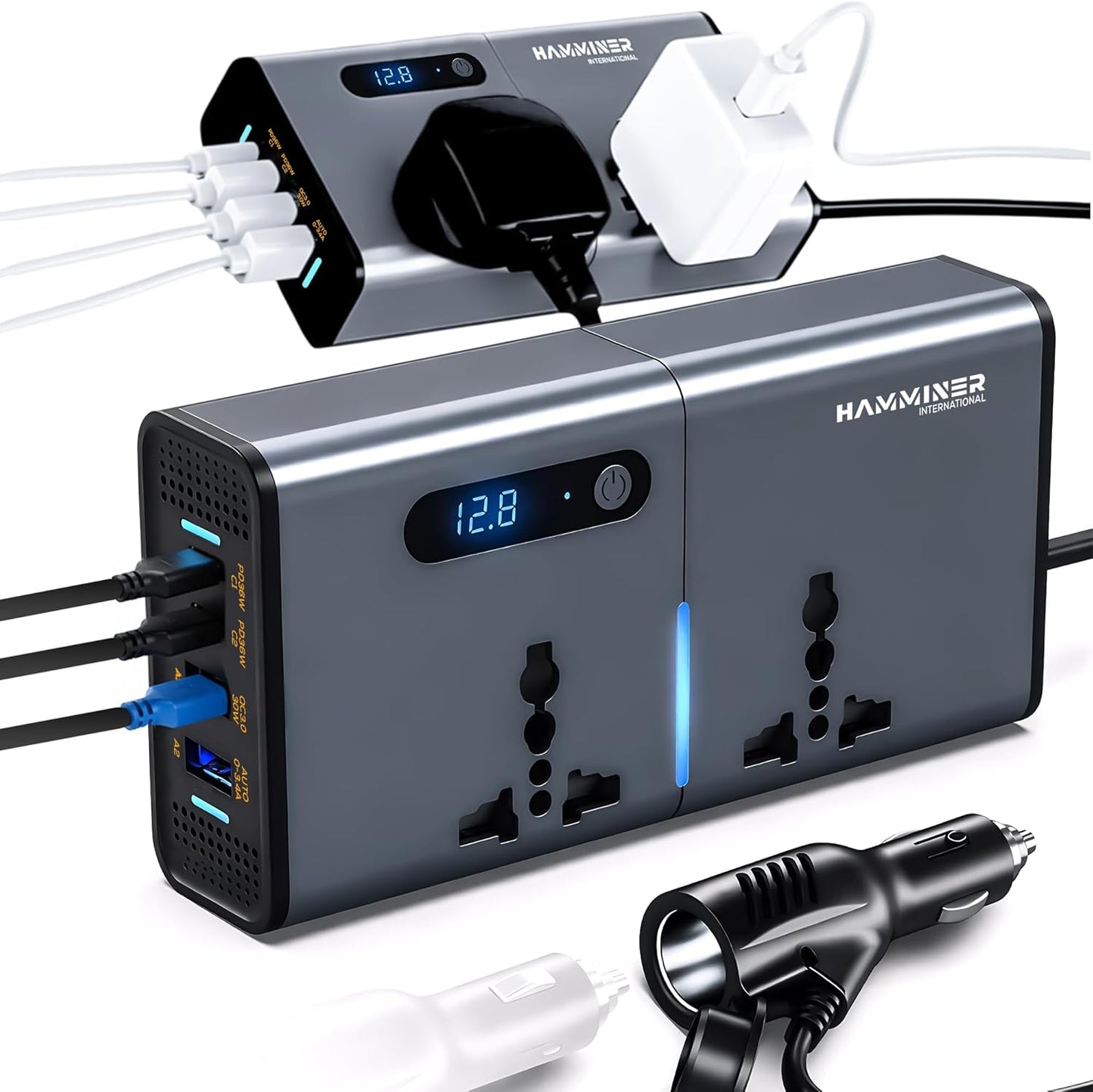 محول طاقة للسيارة 200 واط من هامنر، محول تيار مستمر 12 فولت الى 220 فولت تيار متردد 2 منفذ USB 2 منفذ نوع C، محول قابس السيارة مع مفتاح وشاشة LED تيارية، مناسب للسيارات وسيارات الدفع الرباعي والشاحنات
