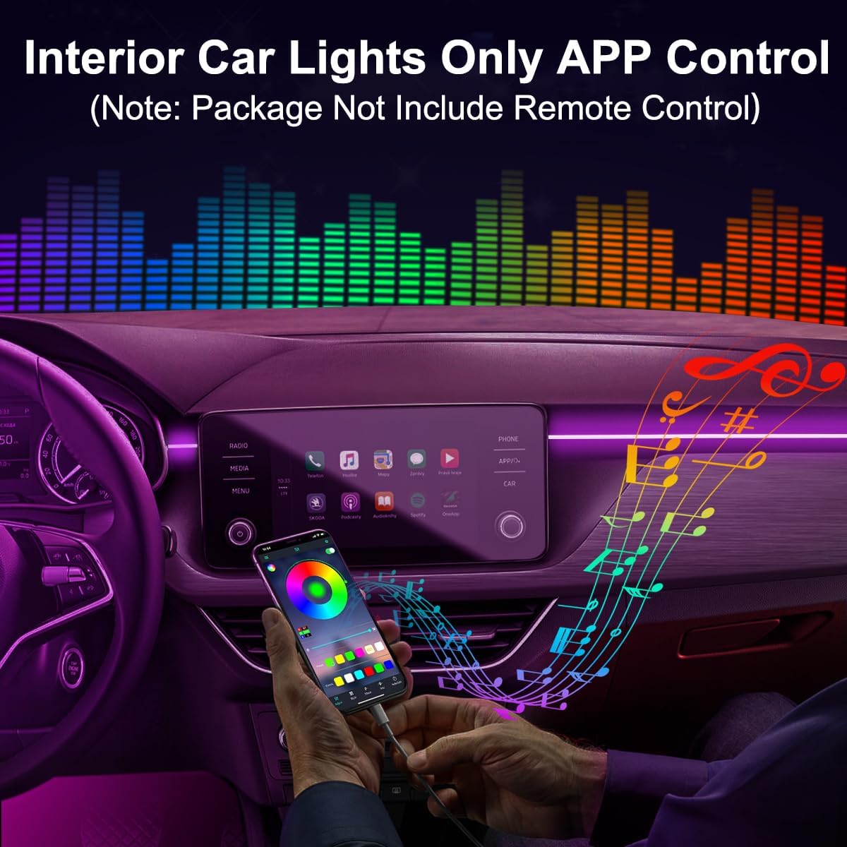 شريط اضاءة LED داخلي للسيارة بتحكم عن طريق التطبيق، 5 في 1 RGB 16 مليون لون، مجموعة اضاءة محيطة مع الياف بصرية 275 انش، وضع الموسيقى لتزيين اضاءة السيارة الداخلية