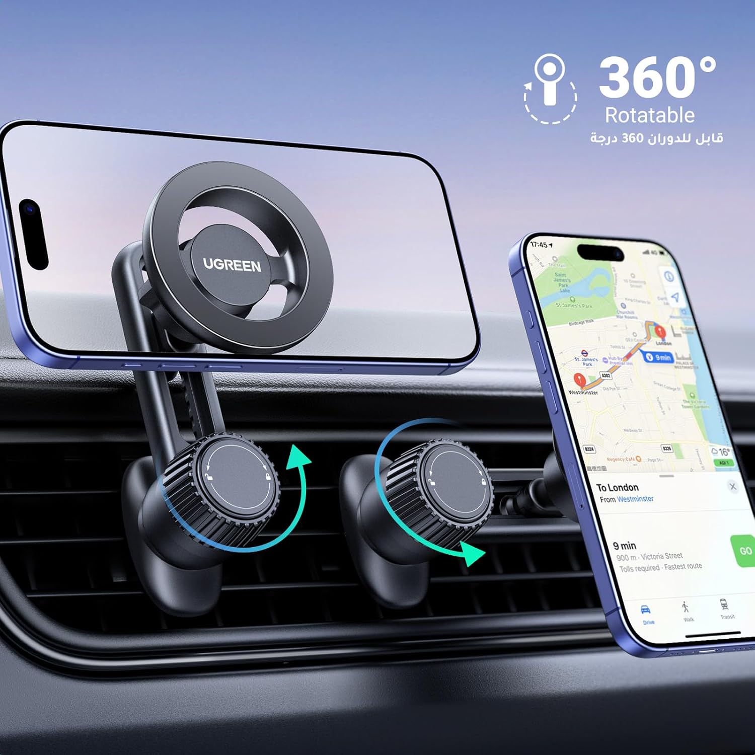 UGREEN MagSafe Car Phone Holder Magnetic Car Mount, [360° Rotation Super Stable], One-hand Auto Lock, No Blocking Air Vent Mobile Holder Accessories, Fit for iPhone 17/16/15, Samsung S25/24/S23