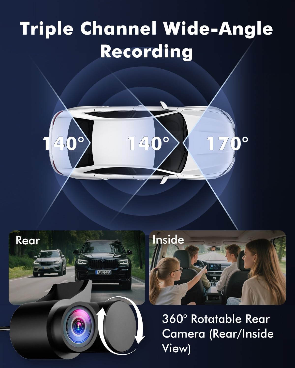 4K 3 Channel Dash Cam Front and Rear Inside for Uber Taxi, Dual Front Lens, Interior Night Vision, WiFi 6 GPS, 24H Parking Mode, 64GB Card, Heat Resistant Dashcam for Cars (V1)