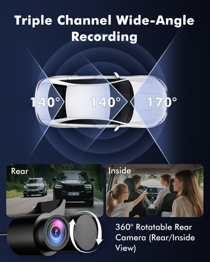 4K 3 Channel Dash Cam Front and Rear Inside for Uber Taxi, Dual Front Lens, Interior Night Vision, WiFi 6 GPS, 24H Parking Mode, 64GB Card, Heat Resistant Dashcam for Cars (V1)