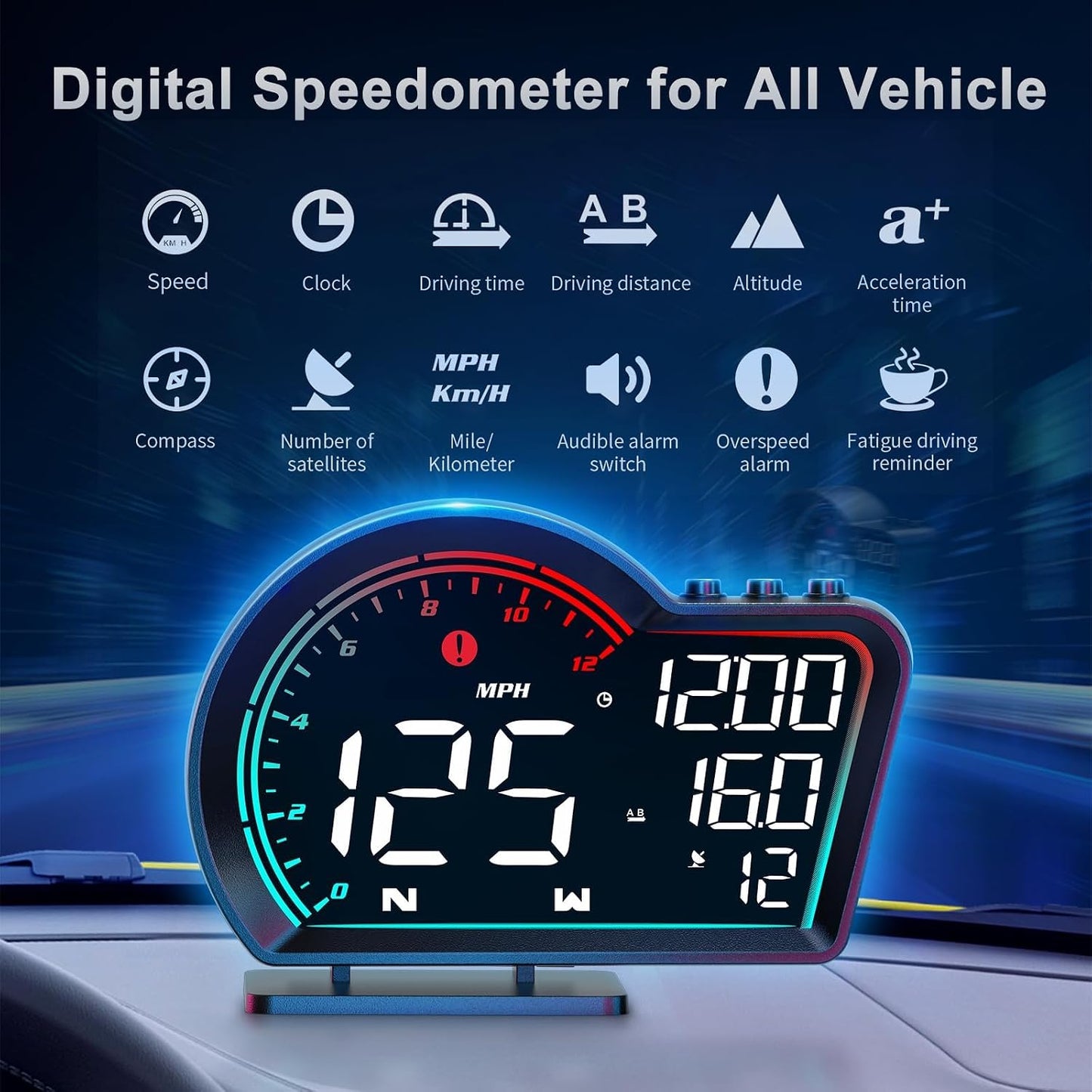 HUD Digital Speedometer for Car- Universal Heads Up Display with Oversize Screen, Large LCD MPH Speed & Fatigue Alert, Over-Speed Alarm Compass