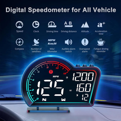 HUD Digital Speedometer for Car- Universal Heads Up Display with Oversize Screen, Large LCD MPH Speed & Fatigue Alert, Over-Speed Alarm Compass