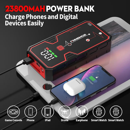 FNNEMGE Car Jump Starter, 5000A Peak 23800mAh 12V Jump Starter Battery Pack(Up to All Gas, 8.0L Diesel Engine),with USB Charge Output Port,LED Light,HD Large Screen