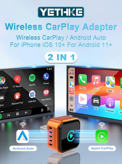 محول كاربلاي لاسلكي 2026 مطور لنظام iOS واندرويد اوتو من يثكي، صغير الحجم سلكي الى لاسلكي كاربلاي، التوصيل والتشغيل، محول تشغيل السيارة مدمج مع USB/نوع C
