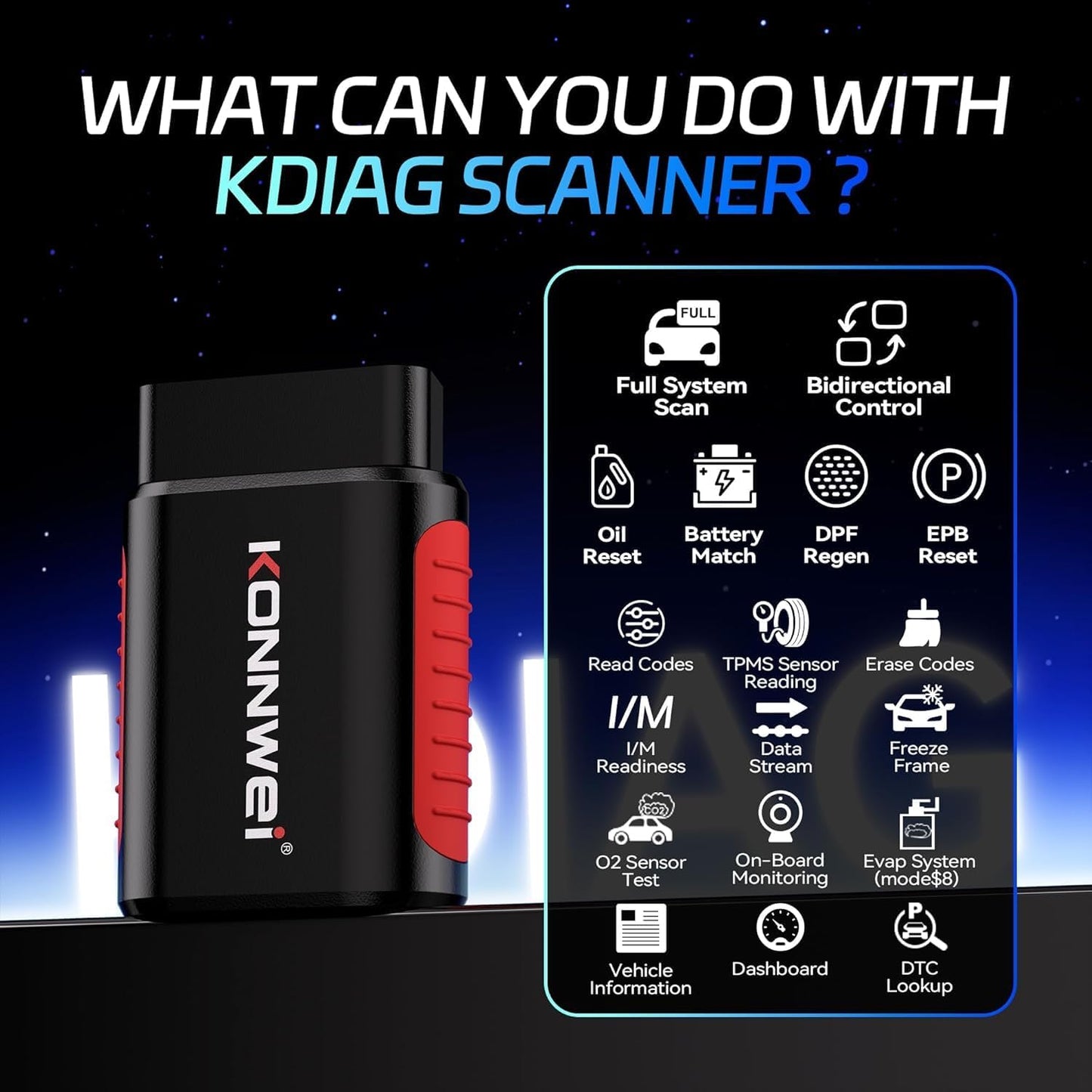 ماسح ضوئي OBD2 بلوتوث KDIAG - أداة تشخيص كاملة للسيارة لمحرك، ناقل حركة، ABS، TPMS، تكييف، توجيه، بطارية، أخرى، مع تحكم مزدوج الاتجاه، إعادة ضبط الزيت/EPB/DPF/BMS، تطبيق iOS Android