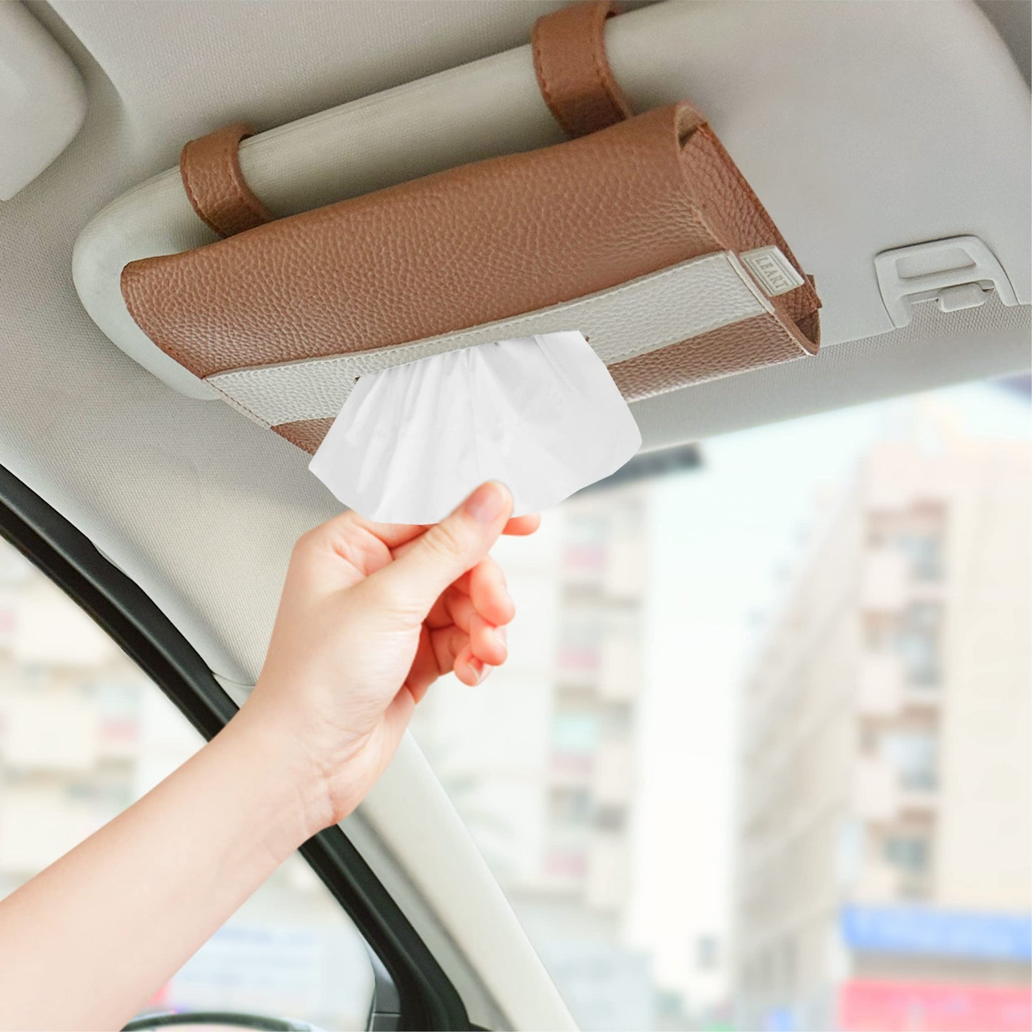 LEART Car Tissue Holder Leather – Visor Tissue Box Holder for Car | Tissue Box for Car | Car Accessories Interior | Car Tissue Box | Visor Tissue Box Holder (Camel Visor)
