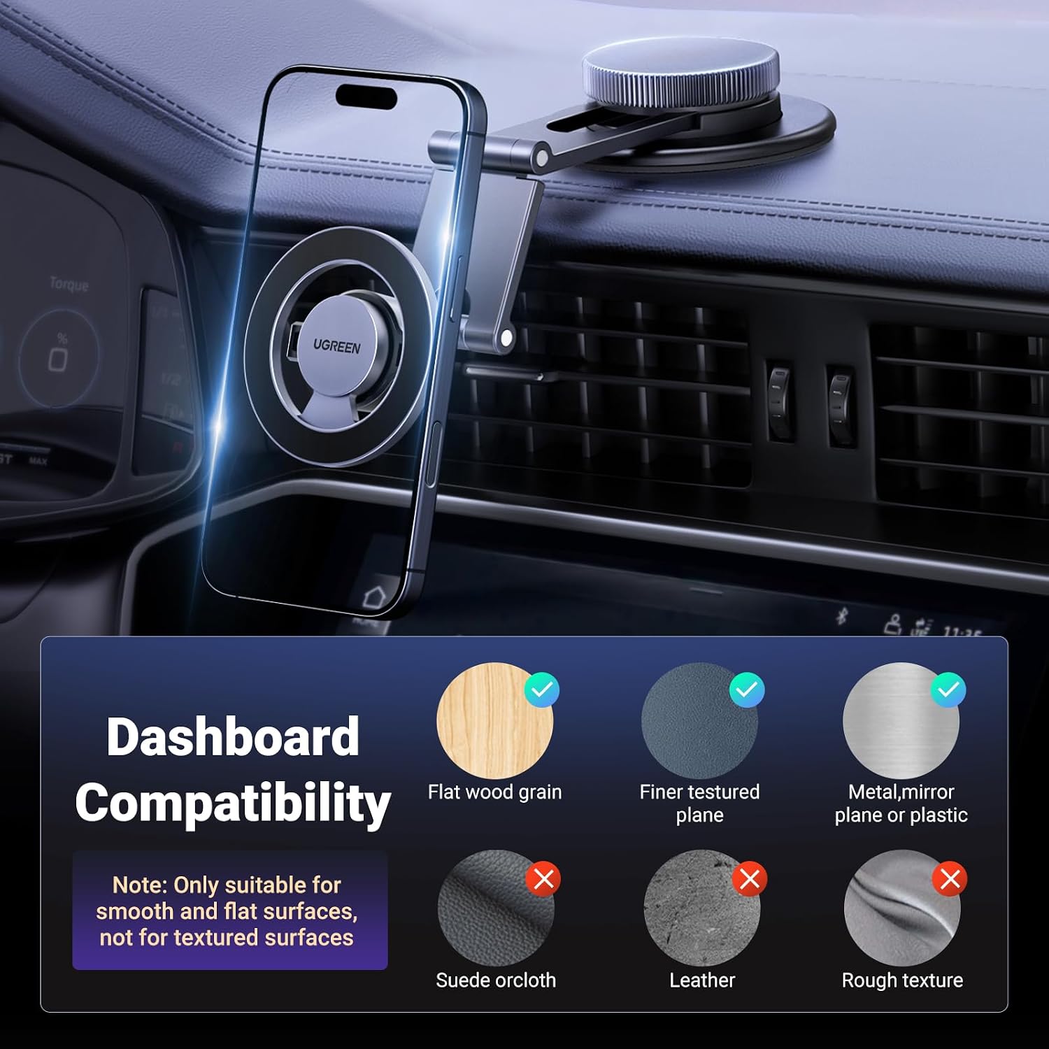 UGREEN MagSafe Car Mount Tesla Magnetic Car Phone Holder, [Upgraded 5-in-1 Tesla/Dashboard/Windscreen/Table], [360° Rotation Retractable Accessories], Fit for iPhone 17/16/15/14, Samsung S25/24/23