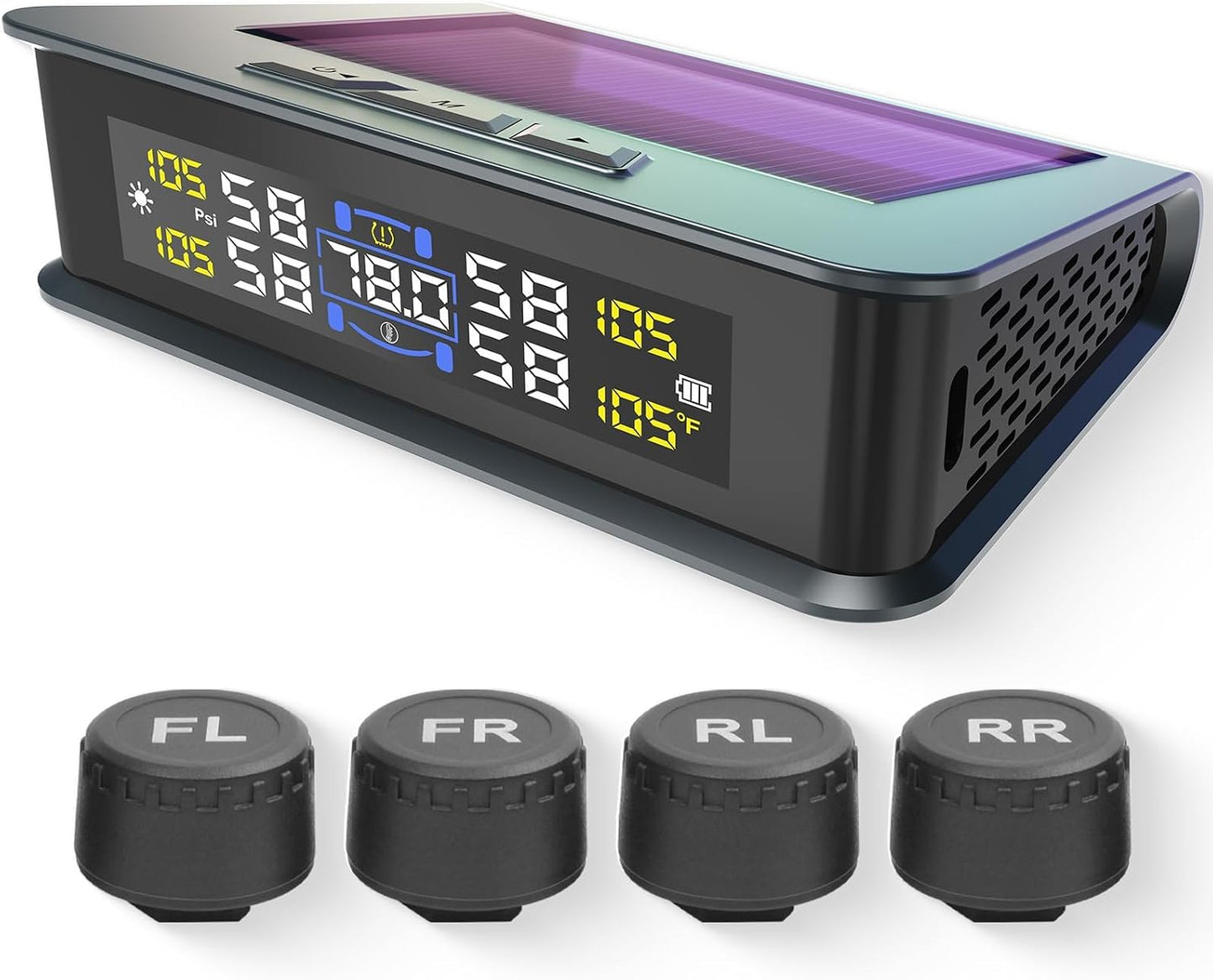 نظام مراقبة ضغط الإطارات مع شاحن شمسي، TPMS 4 مستشعرات، ضغط ودرجة الحرارة في الوقت الحقيقي، شاشة LCD 5 أوضاع إنذار، سهل التركيب للسيارة، RV، SUV، MPV (خارجي)