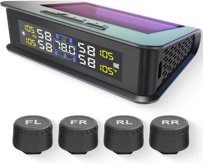 نظام مراقبة ضغط الإطارات مع شاحن شمسي، TPMS 4 مستشعرات، ضغط ودرجة الحرارة في الوقت الحقيقي، شاشة LCD 5 أوضاع إنذار، سهل التركيب للسيارة، RV، SUV، MPV (خارجي)