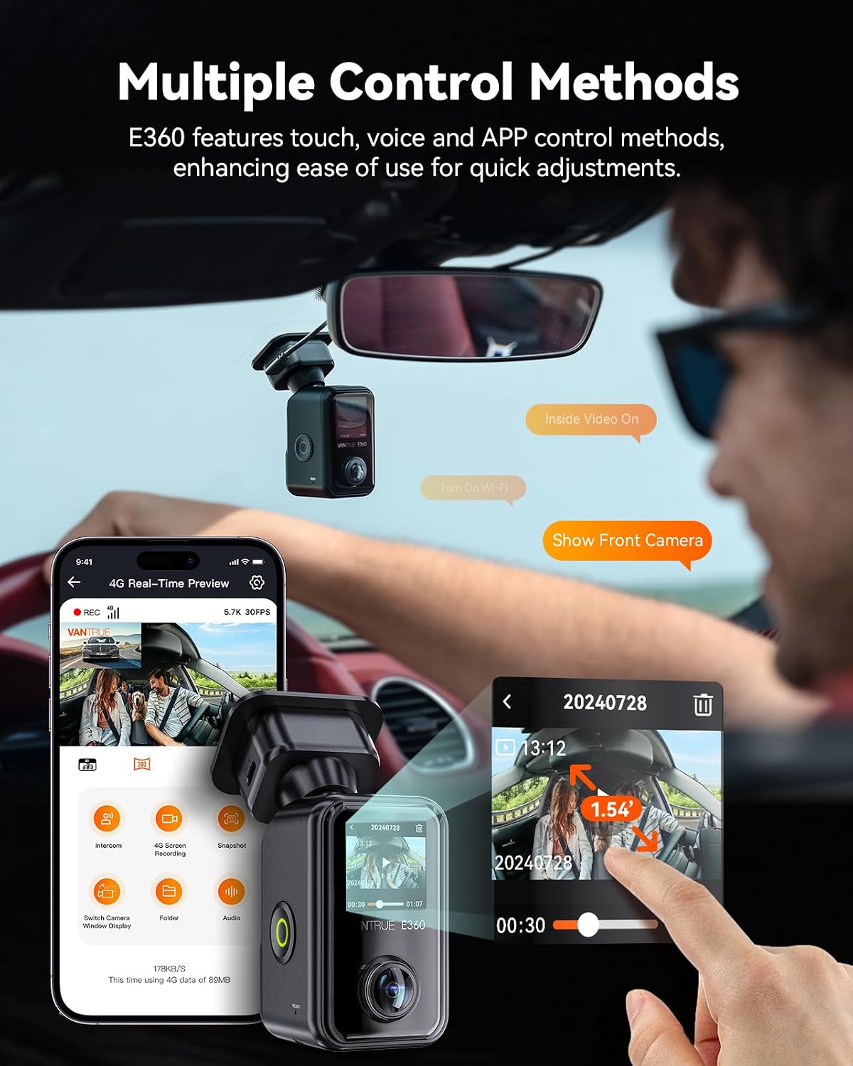 Vantrue E360 ACE 5.2K 360° Panoramic WiFi Dash Cam, Handheld Camera, STARVIS 2, HDR, IR Night Vision, Front Rear Inside Dashcam, Voice/Touch Control, GPS, 24/7 Buffered Parking Mode, Support 512GB Max