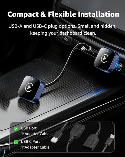 محول لاسلكي ومحول اندرويد اوتو من كاربلاي، ترقية 2026 2 في 1 للتوصيل والتشغيل، دونجل USB/USB-C، يحول سلكي الى لاسلكي للسيارات، اتصال سريع ومستقر، يناسب ايفون واندرويد، ازرق كحلي
