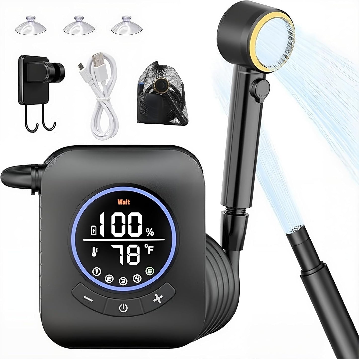Labymos Portable Camping Shower, 8000mAh Long Battery Life, Smart Led Display 5-Speed Mode, Electric Shower Pump, Suitable for Camping, Hiking, Travel, Car And Pet Cleaning