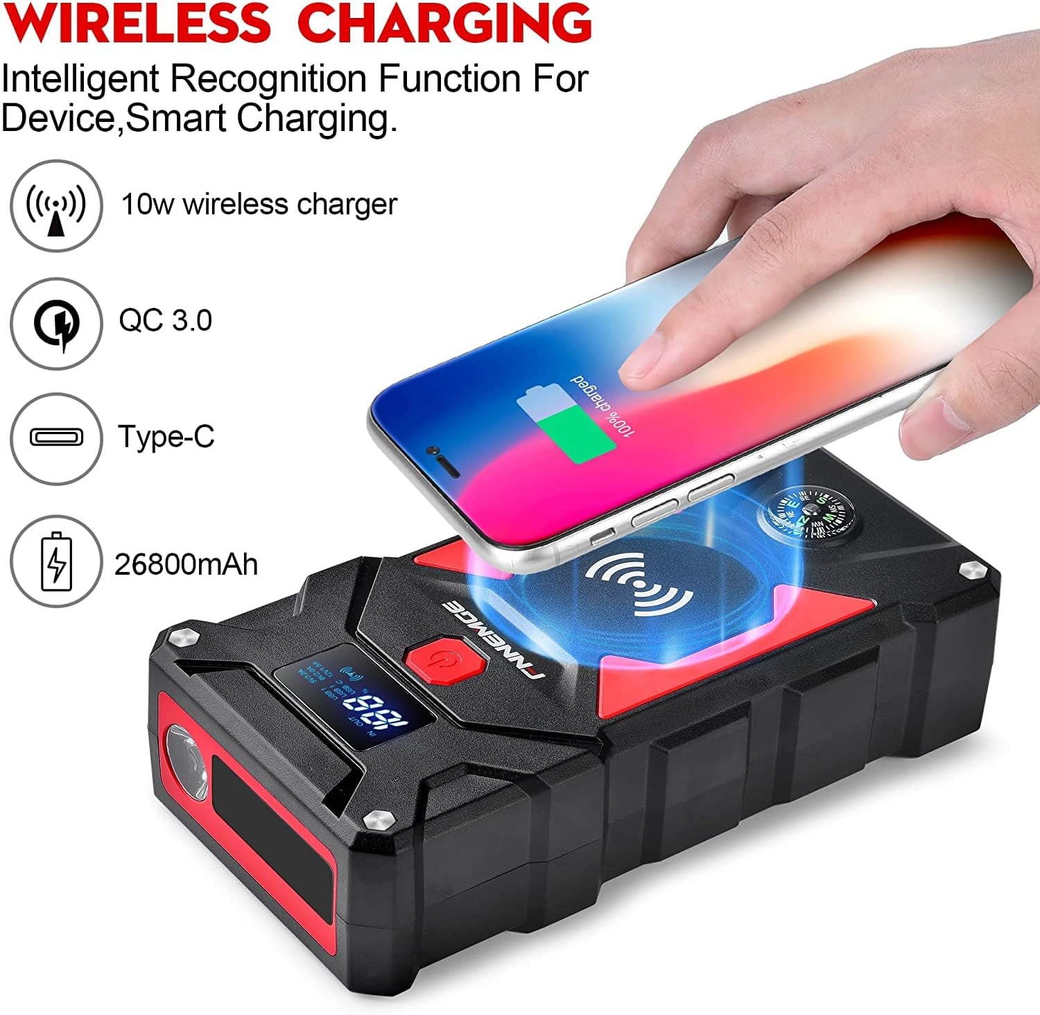 FNNEMGE Car Jump Starter, 6000A Peak 26800mAh Car Battery Starter(Up to All Gas, 10.0L Diesel Engine), with USB Quick Charge 3.0,LED Light, EC-5 Output. …