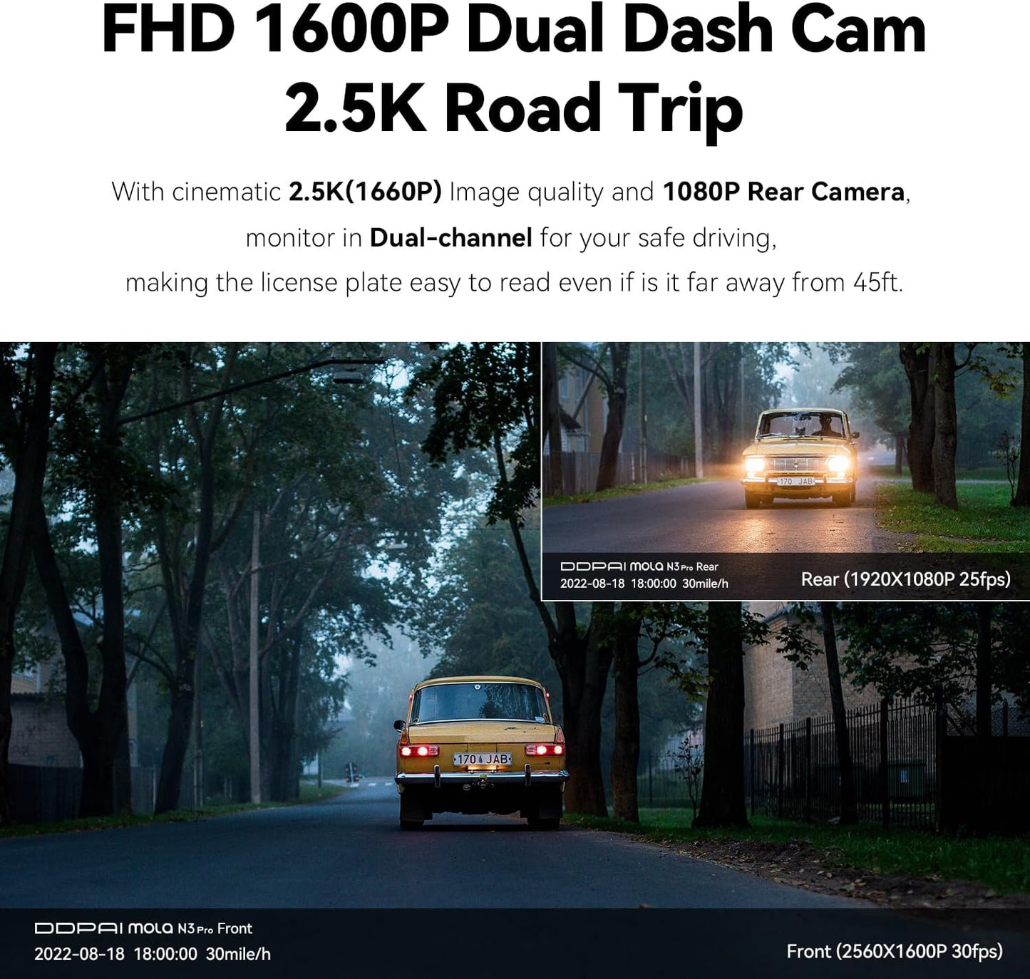 DDPAI Dash Cam Front and Rear 2.5K Car Camera,1600P Front 1080P Rear Dash Camera for Cars,Built-in WiFi GPS Car Dash Cam,Sony IMX335 Sensor Night Vision,WDR,24H Parking Mode Max Support 512G,N3 PRO