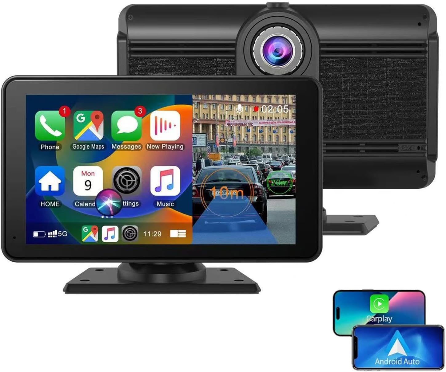 Denash 10.2" Car Play Screen for Car, Wireless Play & Android Auto Touchscreen Display, Voice Control GPS Navigation Bluetooth FM and Hands-Free Calling (Desktop + Suction Cup)
