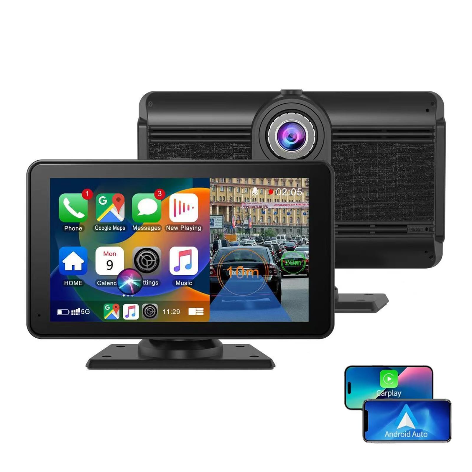 Denash 10.2" Car Play Screen for Car, Wireless Play & Android Auto Touchscreen Display, Voice Control GPS Navigation Bluetooth FM and Hands-Free Calling (Desktop + Suction Cup)