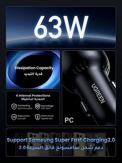 UGREEN Car Charger 63W for Samsung S25 Ultra, Car Battery Charger Type C Fast Charging, Samsung Super Fast 45W PPS Dual USB Phone Adapter, for Galaxy S25/S24/S23 Ultra, iPhone 17/16/15 Series, Macbook