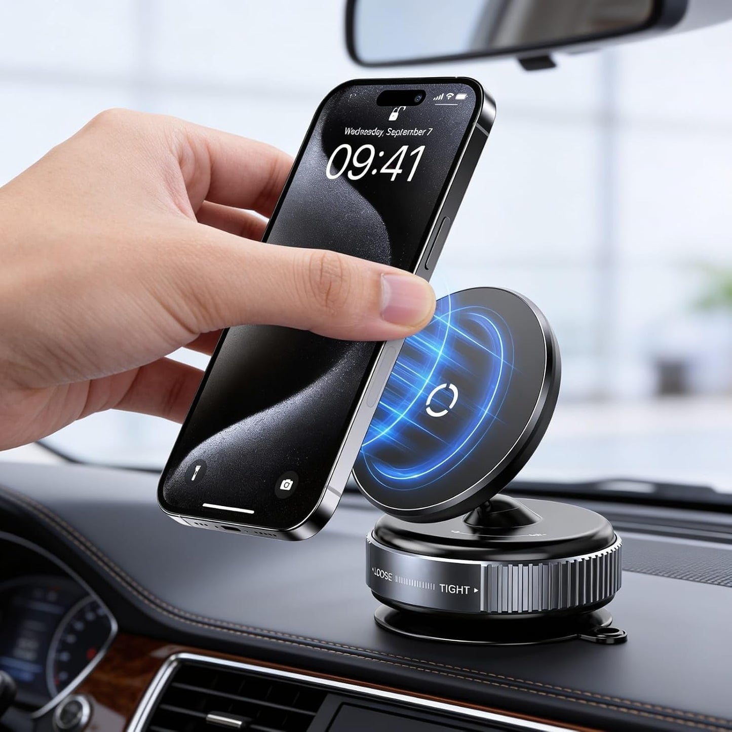 Vacuum Magnetic Car Phone Holder, 360° Rotatable Suction Cup Phone Mount with Strong Magnetic Grip, Adjustable MagSafe Compatible Mobile Holder for Car Dashboard, Mirror, Gym & All Smartphones