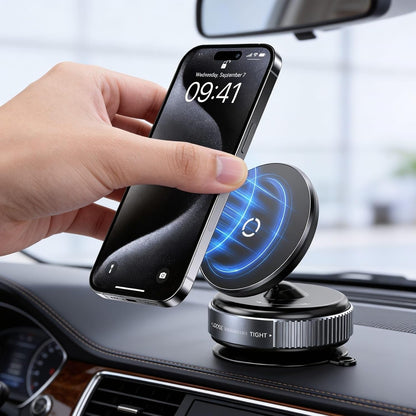 Vacuum Magnetic Car Phone Holder, 360° Rotatable Suction Cup Phone Mount with Strong Magnetic Grip, Adjustable MagSafe Compatible Mobile Holder for Car Dashboard, Mirror, Gym & All Smartphones