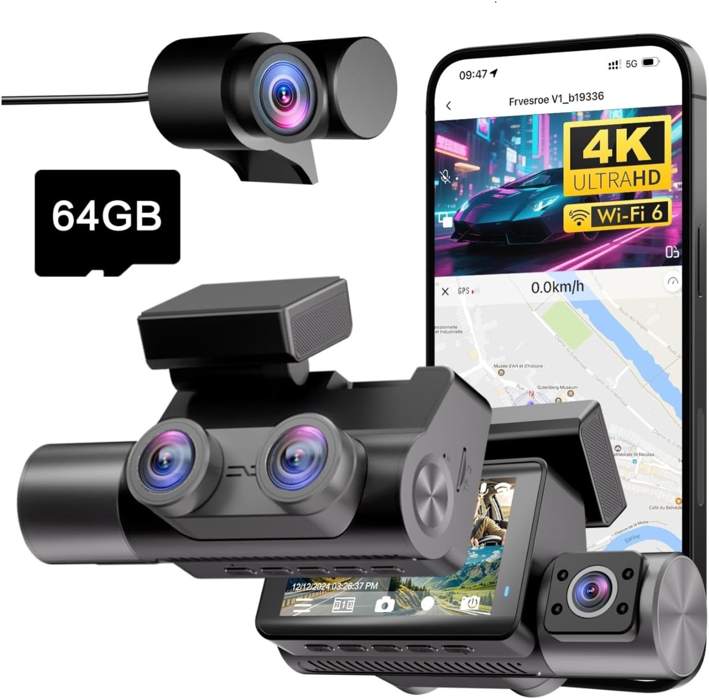 4K 3 Channel Dash Cam Front and Rear Inside for Uber Taxi, Dual Front Lens, Interior Night Vision, WiFi 6 GPS, 24H Parking Mode, 64GB Card, Heat Resistant Dashcam for Cars (V1)