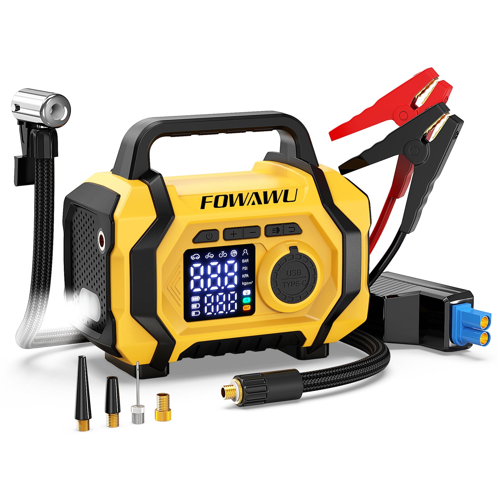 فاواو باور بانك جامب ستارتر 8000 امبير مع ضاغط هواء، بطارية السيارة (جميع الغاز/10.0 لتر ديزل)، منفاخ اطارات لاسلكي بخاصية الاغلاق التلقائي، شحن سريع من النوع سي، وصلة ذكية، مصابيح LED
