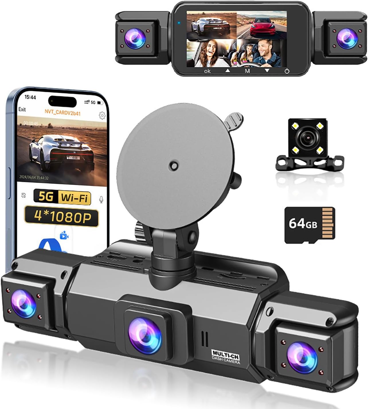 4 Channel Dash Cam 360° View Front and Rear Left Right Inside Camera for Cars, GPS and 5G Band WiFi, Night Vision, 180 Wide Angle, WDR, 24H Parking Mode, Included 64GB Card