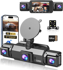 4 Channel Dash Cam 360° View Front and Rear Left Right Inside Camera for Cars, GPS and 5G Band WiFi, Night Vision, 180 Wide Angle, WDR, 24H Parking Mode, Included 64GB Card