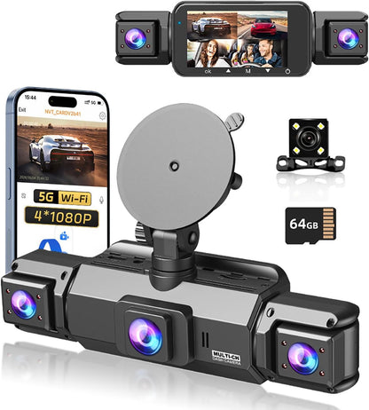 4 Channel Dash Cam 360° View Front and Rear Left Right Inside Camera for Cars, GPS and 5G Band WiFi, Night Vision, 180 Wide Angle, WDR, 24H Parking Mode, Included 64GB Card